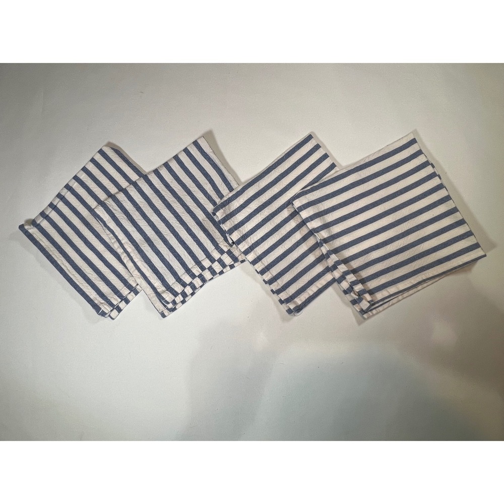 Set of 4 Blue and White Striped Cloth Napkins Woven Coastal Farmhouse 17x17